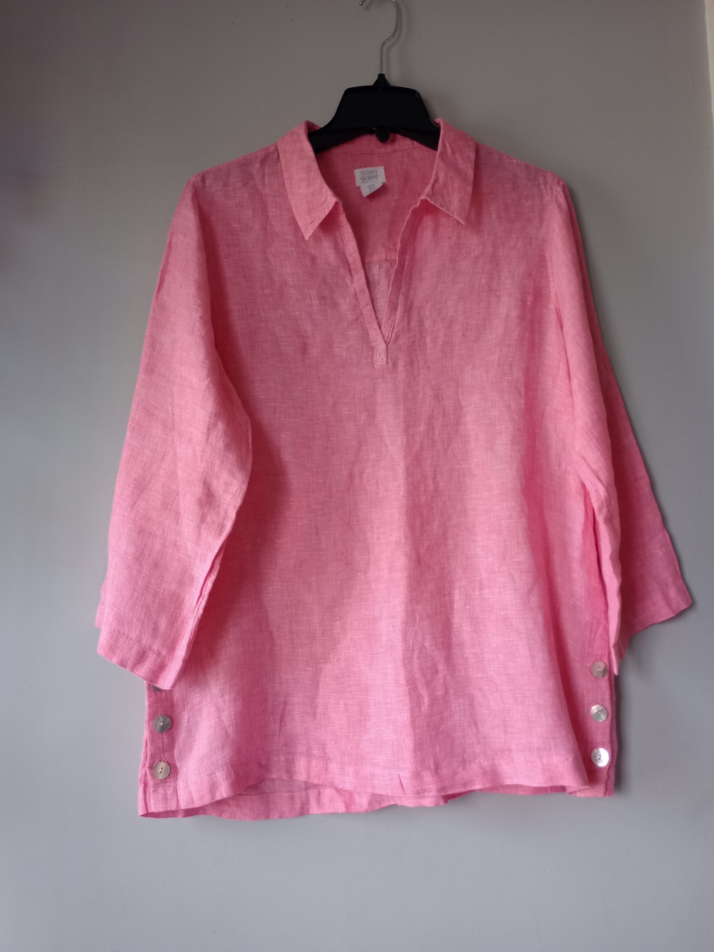 100% Linen Sigrid Olsen Tunic Top Pink V-Neck Button Side Sz M Coastal Beachy
